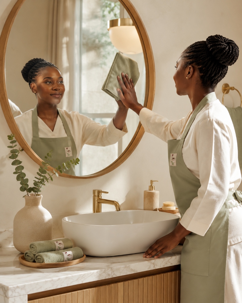 KlikaHelper professional wiping a bathroom mirror