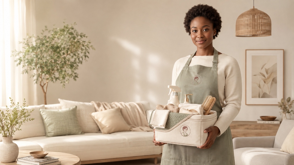 KlikaHelper cleaner holding a caddy of eco-friendly products