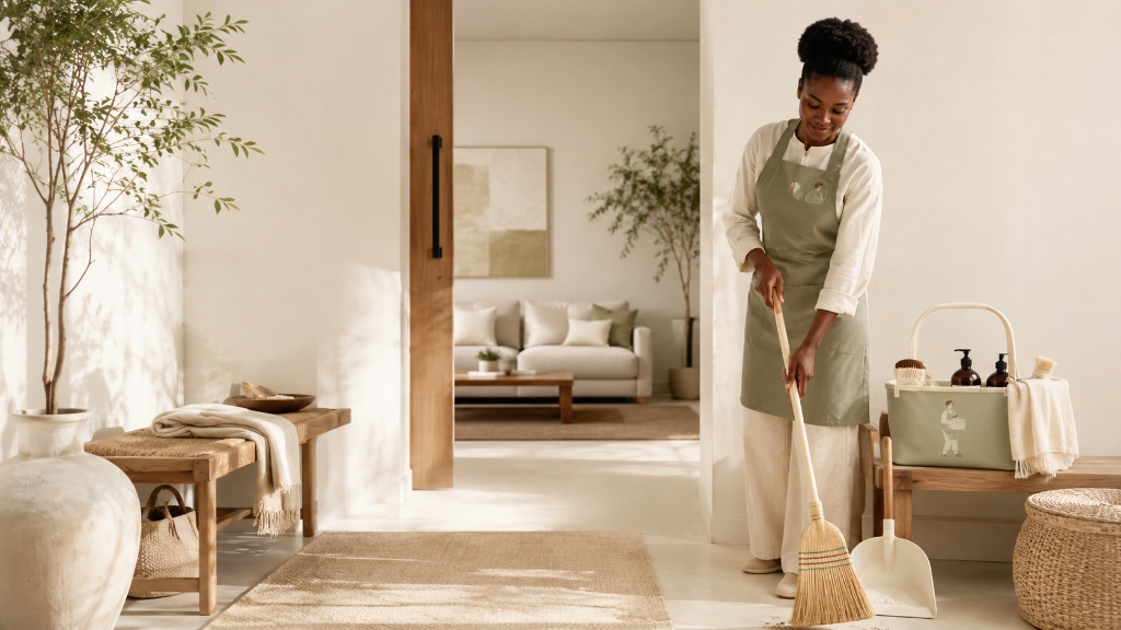 KlikaHelper professional sweeping a styled living room