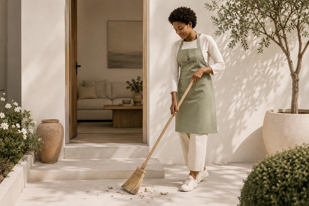 KlikaHelper cleaner sweeping an outdoor patio area